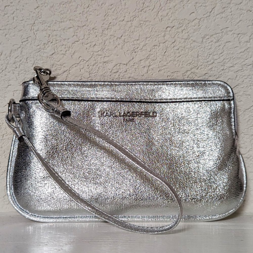 Karl Lagerfeld  |  Faux-Leather Wristlet Metallic Silver